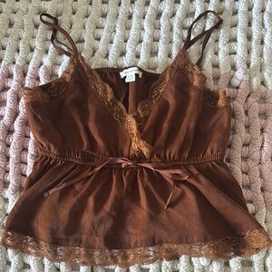 Brown Lace Trim Women's Top